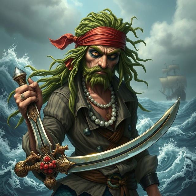 A sea merrow pirate, a mythical half-human, half-fish creature, with a rugged pirate aesthetic