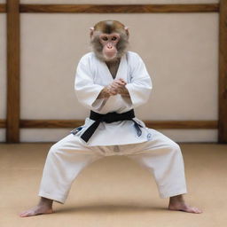 A monkey executing a perfect karate stance, wearing a white gi with a black belt, poised in a dojo with traditional Japanese decor.