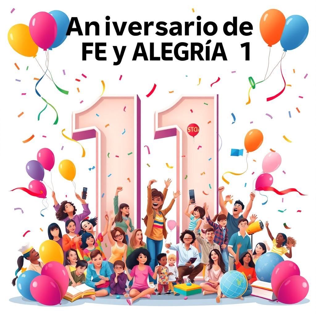 A vibrant and colorful poster celebrating the anniversary of "Fe y Alegría 11," a renowned institution known for its community spirit and educational impact