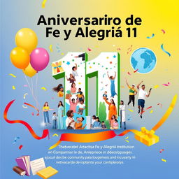 A vibrant and colorful poster celebrating the anniversary of "Fe y Alegría 11," a renowned institution known for its community spirit and educational impact