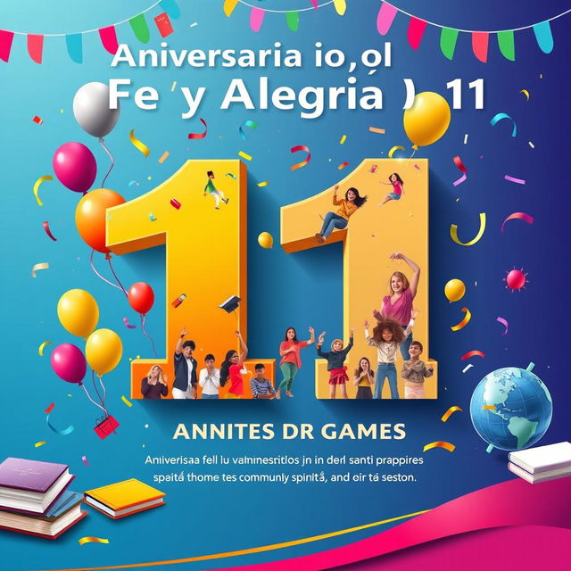 A vibrant and colorful poster celebrating the anniversary of "Fe y Alegría 11," a renowned institution known for its community spirit and educational impact