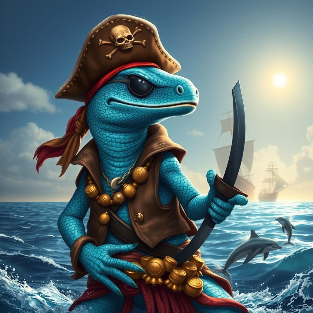 A blue sea lizard pirate, with shimmering azure scales and a sleek reptilian form