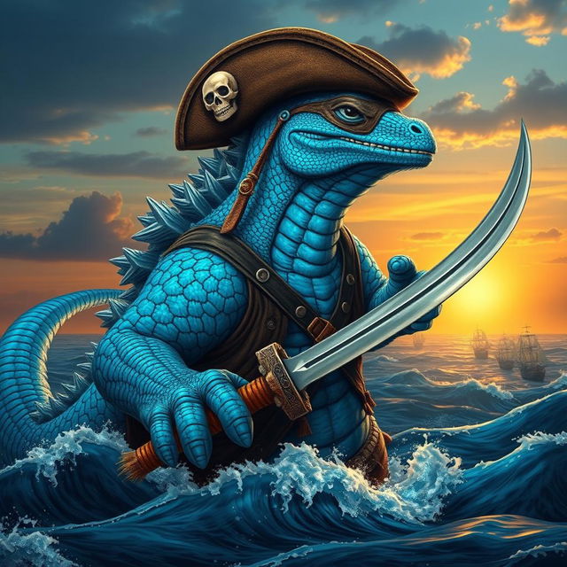 A blue Godzilla-inspired sea lizard pirate, towering with its massive, muscular form covered in shimmering azure scales