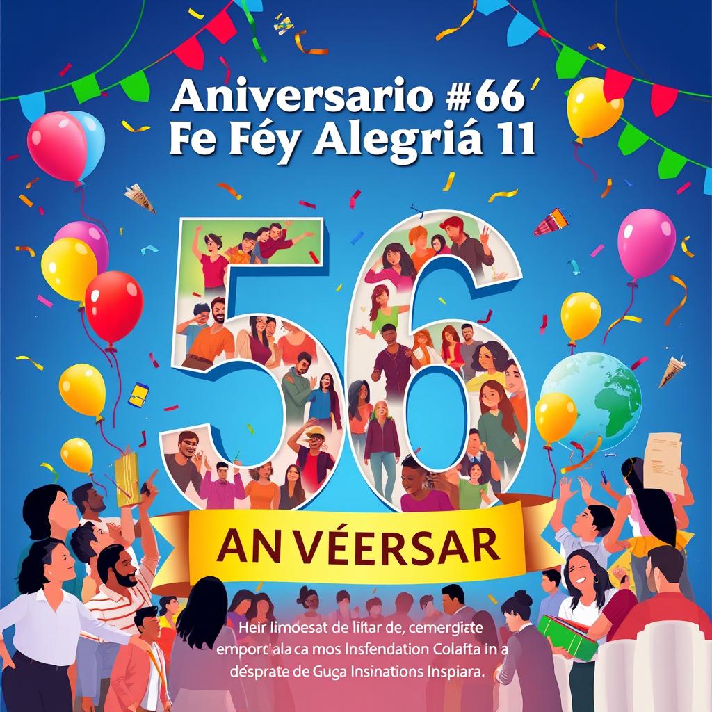 A vibrant and colorful poster celebrating the 56th anniversary of "Fe y Alegría 11," a renowned institution known for its community spirit and educational impact