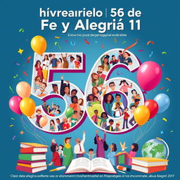 A vibrant and colorful poster celebrating the 56th anniversary of "Fe y Alegría 11," a renowned institution known for its community spirit and educational impact