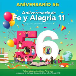 A vibrant and colorful poster celebrating the 56th anniversary of "Fe y Alegría 11," a renowned institution known for its community spirit and educational impact