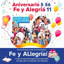 A vibrant and colorful poster celebrating the 56th anniversary of "Fe y Alegría 11," a renowned institution known for its community spirit and educational impact