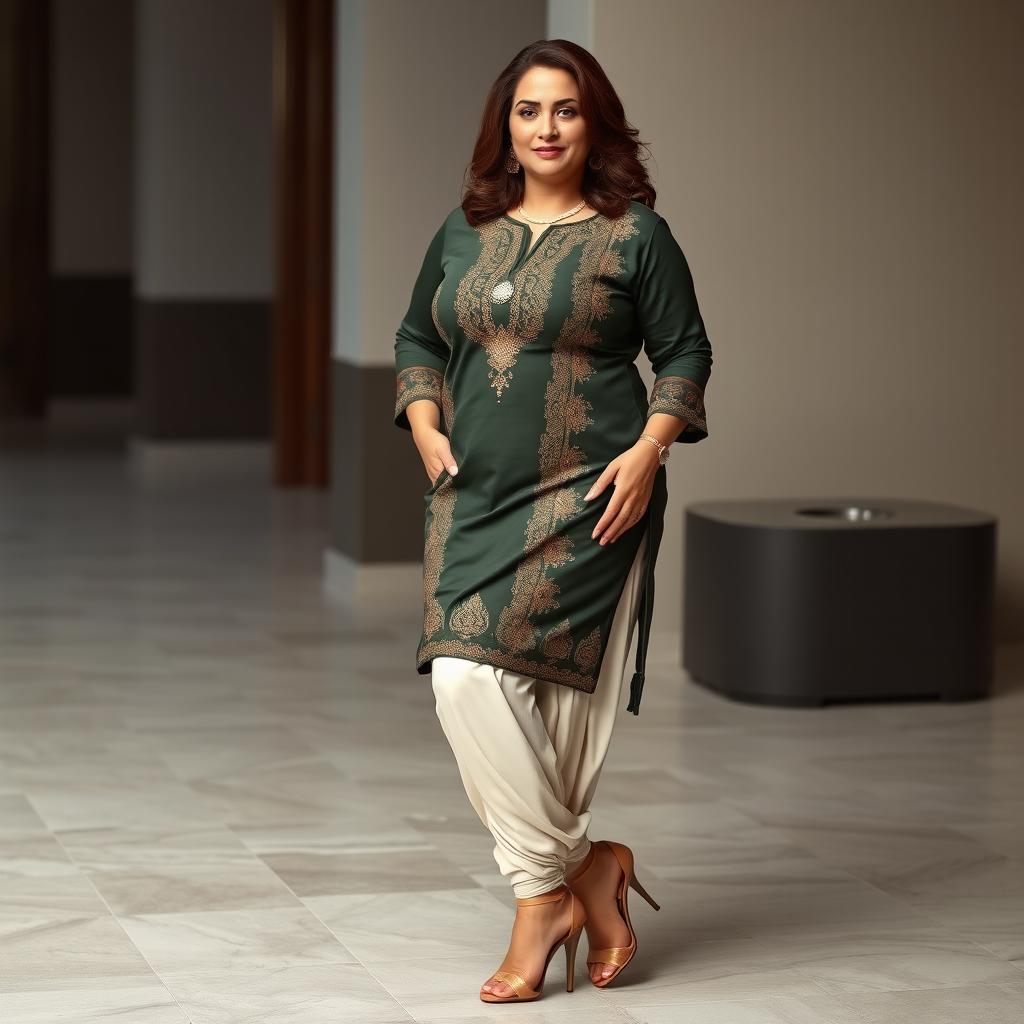 A Pakistani woman with a curvy, sexy, and bulky build, embodying a matured middle-aged appeal