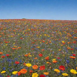 A vast field filled with a multitude of vibrant and colorful flowers beneath a clear blue sky.