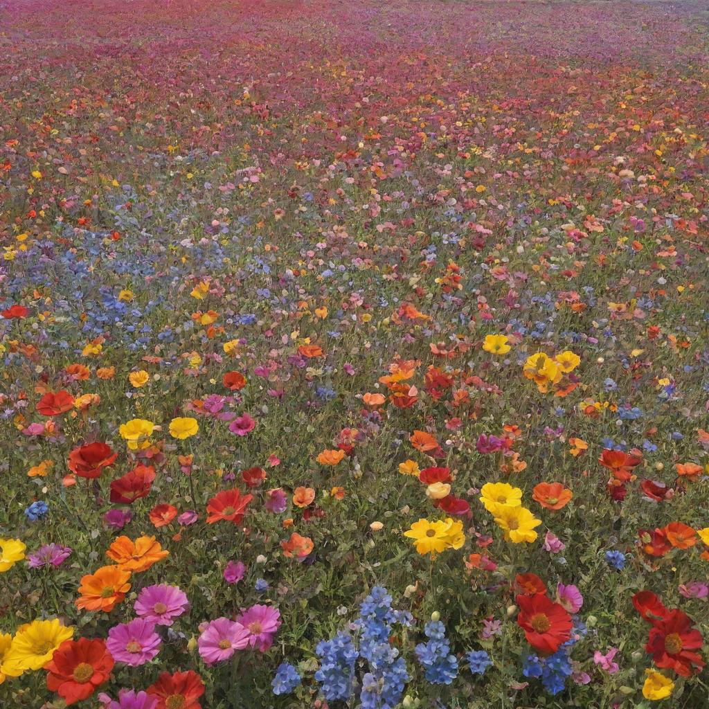 A vast field filled with a multitude of vibrant and colorful flowers beneath a clear blue sky.