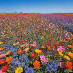 A vast field filled with a multitude of vibrant and colorful flowers beneath a clear blue sky.