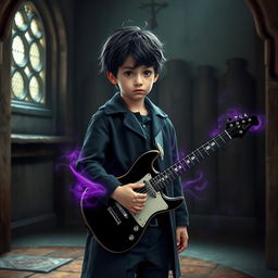 A 15-year-old boy with slightly messy black hair and brown eyes, dressed in a black coat and navy blue pants, is standing in a medieval-style room