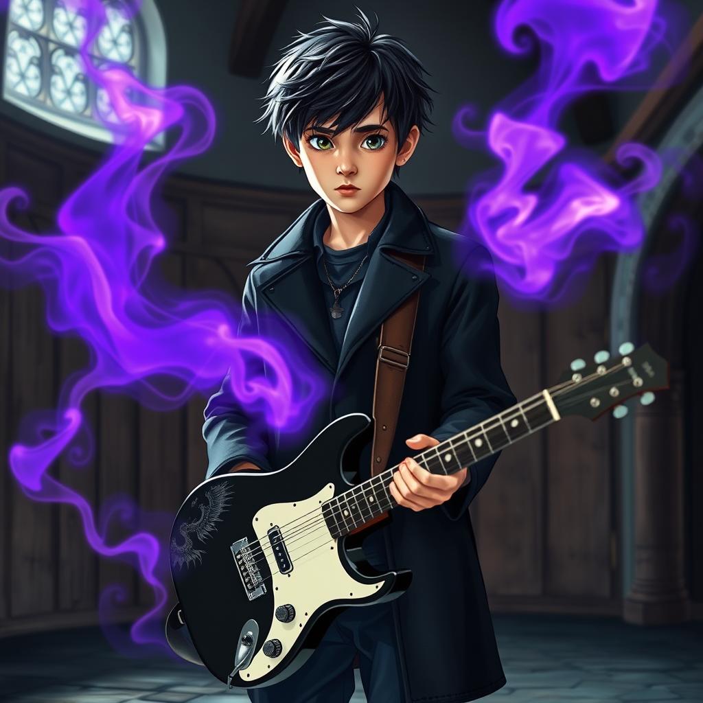 A 15-year-old boy with slightly messy black hair and brown eyes, dressed in a black coat and navy blue pants, is standing in a medieval-style room