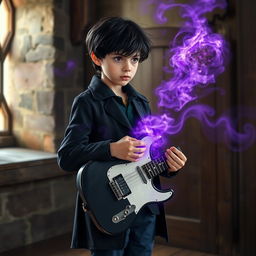 A 15-year-old boy with slightly messy black hair and brown eyes, dressed in a black coat and navy blue pants, is standing in a medieval-style room