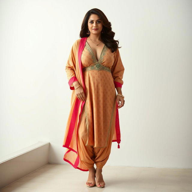 A stunningly beautiful and sexy Pakistani woman with a mature, curvy, and busty figure, showcasing her thick and curvaceous silhouette