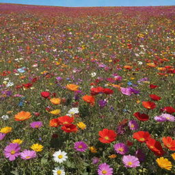 A vast field filled with a multitude of vibrant and colorful flowers beneath a clear blue sky.