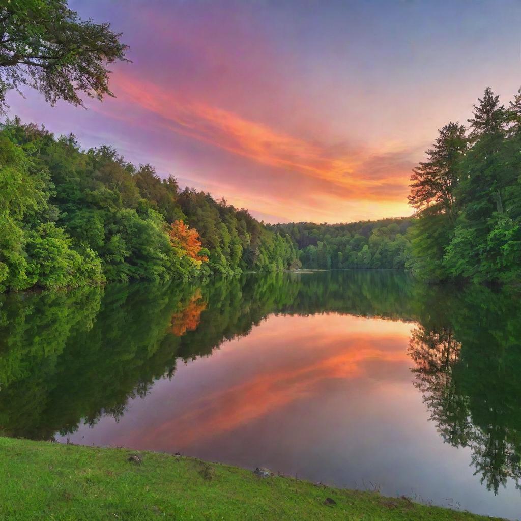 Captivating view of a serene lakeside during sunset, with lush green trees and a sky ablaze with colors.