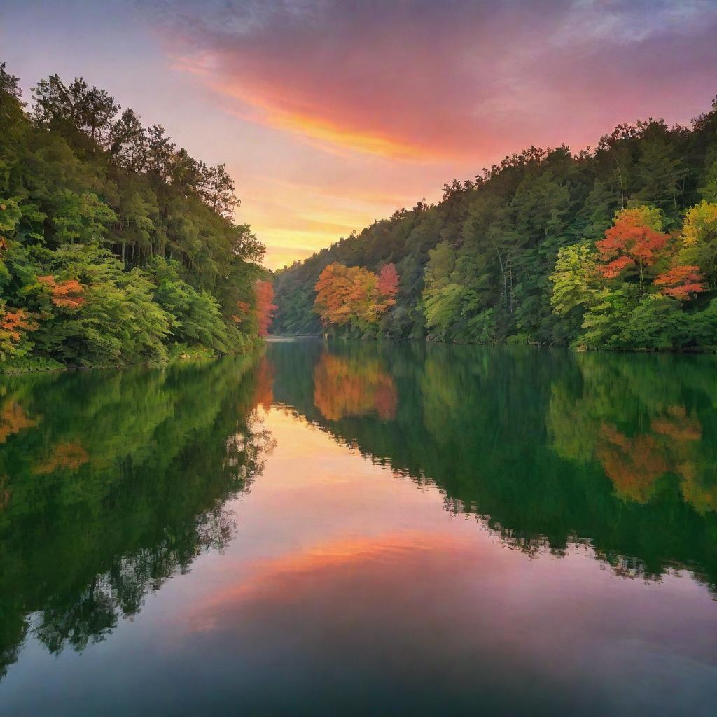 Captivating view of a serene lakeside during sunset, with lush green trees and a sky ablaze with colors.