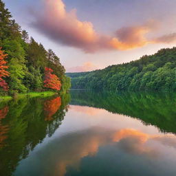 Captivating view of a serene lakeside during sunset, with lush green trees and a sky ablaze with colors.