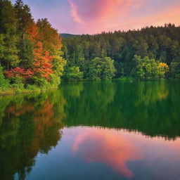 Captivating view of a serene lakeside during sunset, with lush green trees and a sky ablaze with colors.