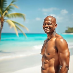 A bald man with South Sudanese (SSM) ethnicity, aged 32
