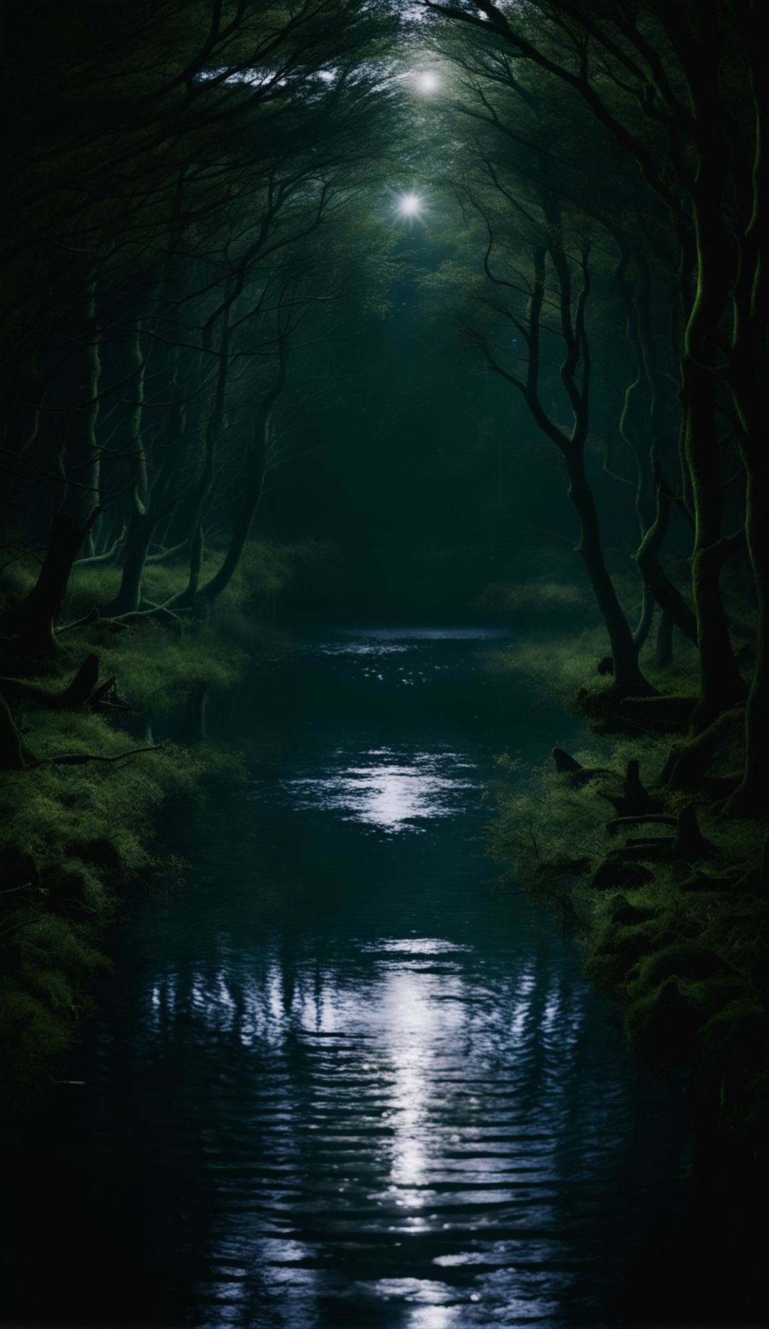 High-resolution photograph in low light of a lake in an Irish forest with distant sighting of Aos Sí.