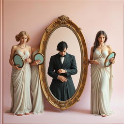 Cover image with a soft color theme featuring four women dressed as Greek goddesses