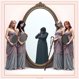 Cover image with a soft color theme featuring four women dressed as Greek goddesses