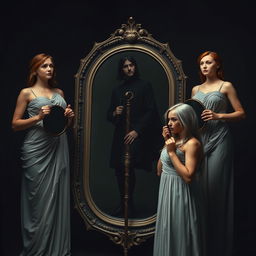 Cover image designed in dark tones featuring four women dressed as Greek goddesses visible up to the waist