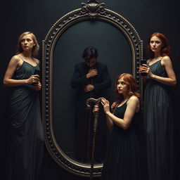 Cover image designed in dark tones featuring four women dressed as Greek goddesses visible up to the waist