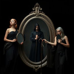 Cover image designed in dark tones featuring four women dressed as Greek goddesses visible up to the waist