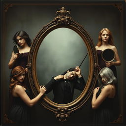 A mysterious and dark-themed cover design featuring four young women depicted as Greek goddesses