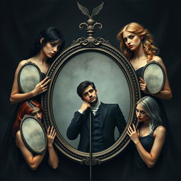 A mysterious and dark-themed cover design featuring four young women depicted as Greek goddesses