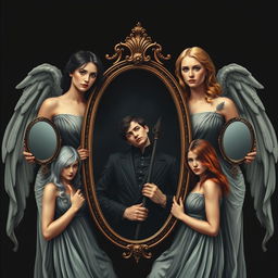 A mysterious and dark-themed cover design featuring four young women depicted as Greek goddesses