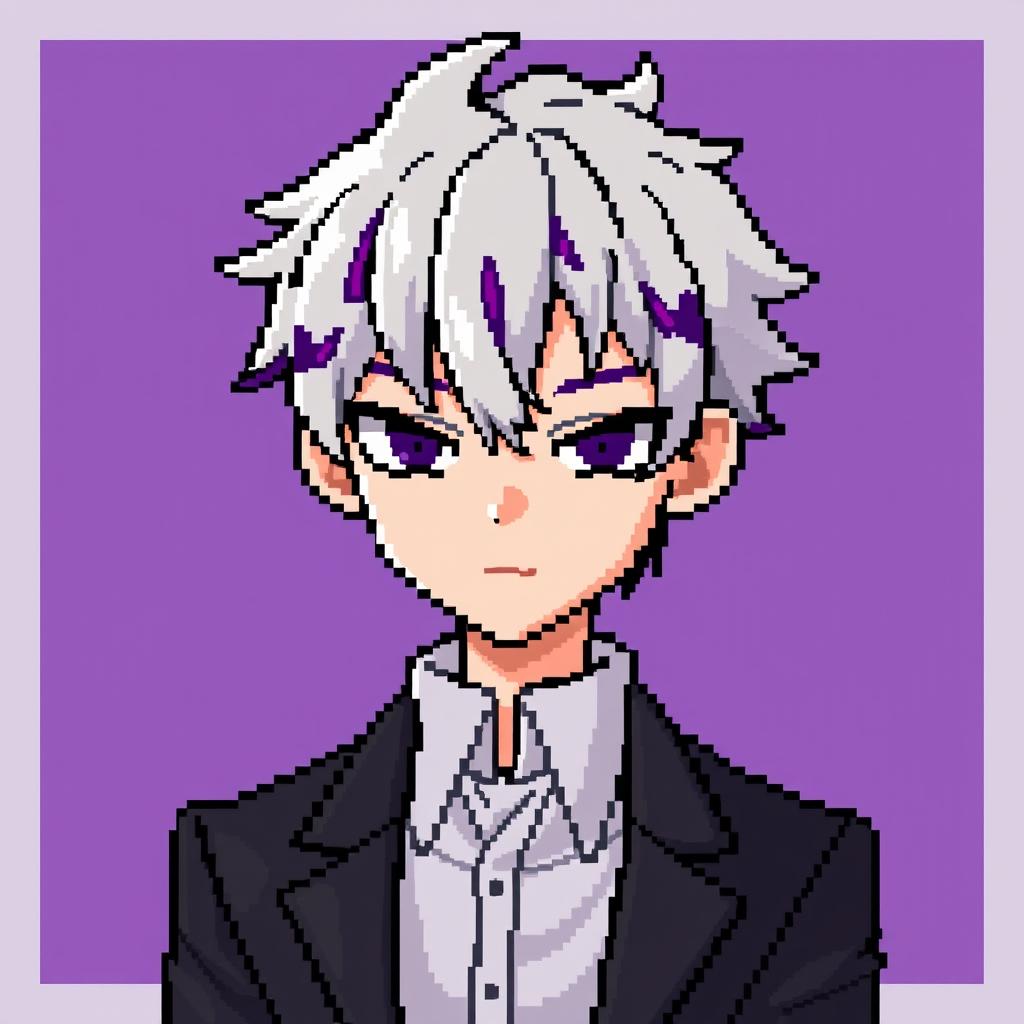 A pixel art depiction of Sigma from Bungou Stray Dogs, featuring their distinctive platinum blonde hair with purple streaks and piercing eyes