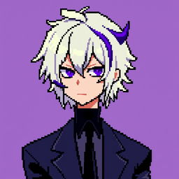 A pixel art depiction of Sigma from Bungou Stray Dogs, featuring their distinctive platinum blonde hair with purple streaks and piercing eyes