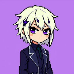 A pixel art depiction of Sigma from Bungou Stray Dogs, featuring their distinctive platinum blonde hair with purple streaks and piercing eyes