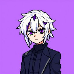 A pixel art depiction of Sigma from Bungou Stray Dogs, featuring their distinctive platinum blonde hair with purple streaks and piercing eyes