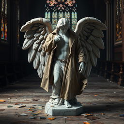 A beautifully crafted, shattered angel statue with intricate details, its marble surface cracked and worn