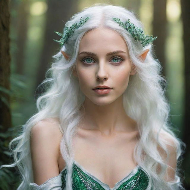 Ethereal elf with shining emerald green eyes and cascading white hair, in an enchanting forest setting