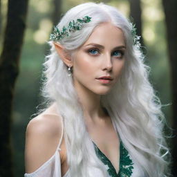 Ethereal elf with shining emerald green eyes and cascading white hair, in an enchanting forest setting