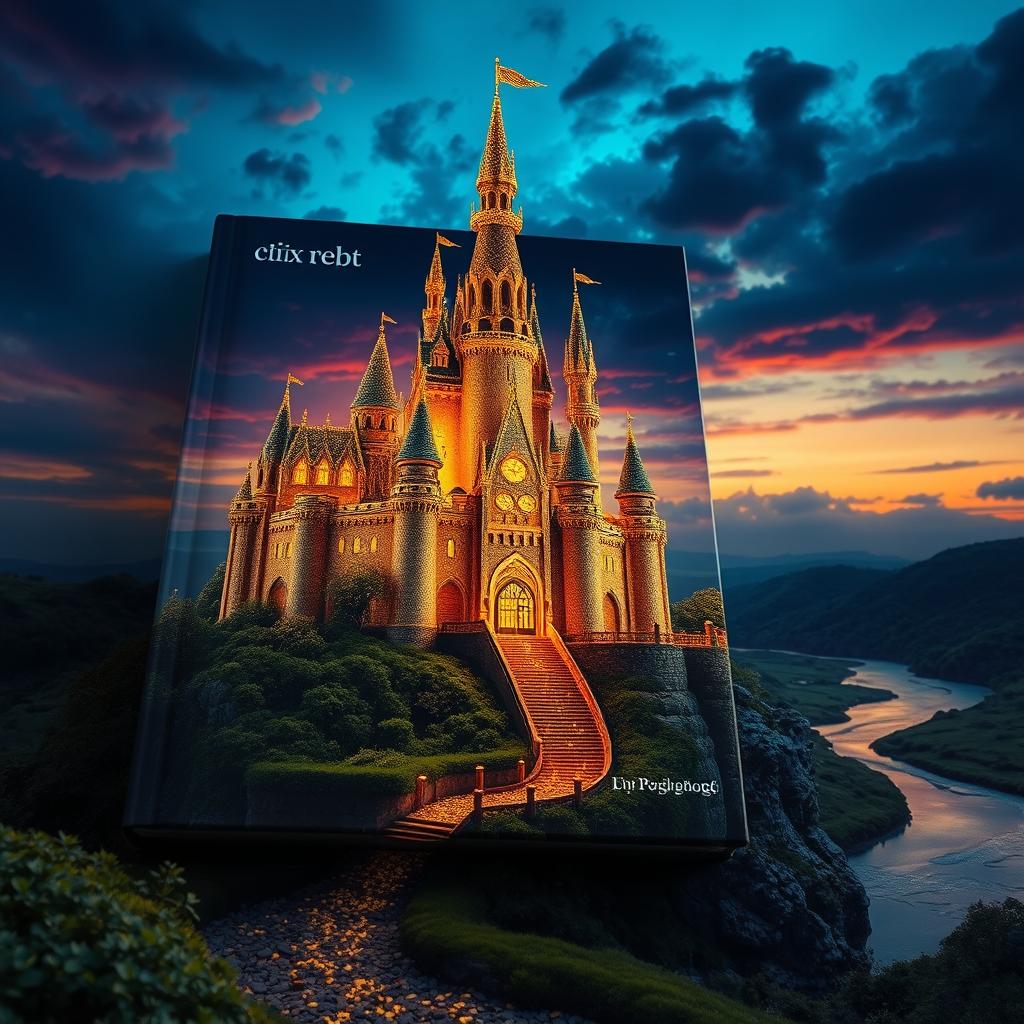 a captivating book cover featuring a majestic castle designed using intricate golden threads, illuminated against a mystical twilight sky, surrounded by an enchanting landscape with lush greenery and a shimmering river reflecting the castle's glow