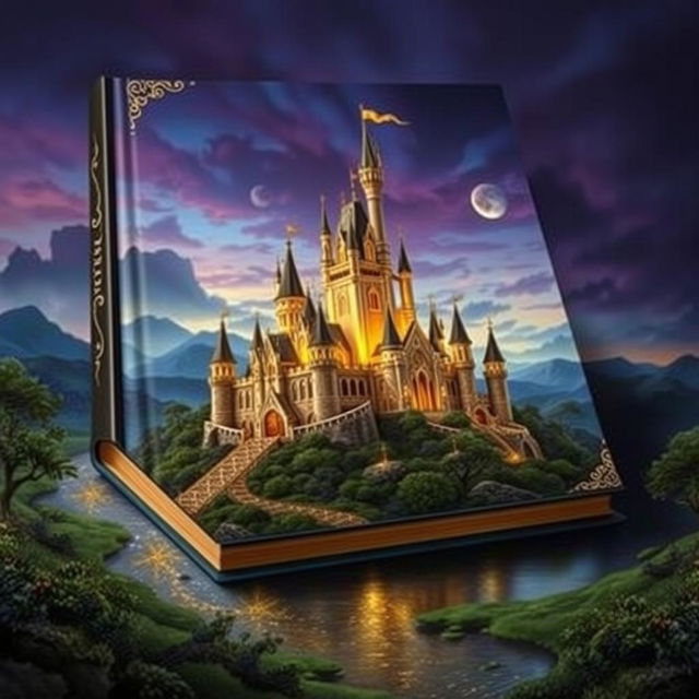 a captivating book cover featuring a majestic castle designed using intricate golden threads, illuminated against a mystical twilight sky, surrounded by an enchanting landscape with lush greenery and a shimmering river reflecting the castle's glow