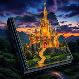 a captivating book cover featuring a majestic castle designed using intricate golden threads, illuminated against a mystical twilight sky, surrounded by an enchanting landscape with lush greenery and a shimmering river reflecting the castle's glow