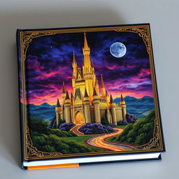 a captivating book cover featuring a majestic castle designed using intricate golden threads, illuminated against a mystical twilight sky, surrounded by an enchanting landscape with lush greenery and a shimmering river reflecting the castle's glow