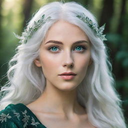 Ethereal elf with shining emerald green eyes and cascading white hair, in an enchanting forest setting