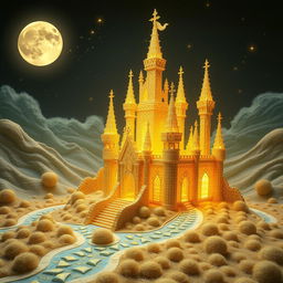 a magical castle crafted from delicate golden threads, glowing under a moonlit sky, surrounded by a serene and mystical landscape with softly flowing streams and starlit skies