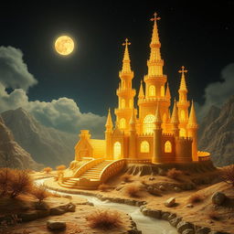 a magical castle crafted from delicate golden threads, glowing under a moonlit sky, surrounded by a serene and mystical landscape with softly flowing streams and starlit skies