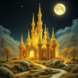 a magical castle crafted from delicate golden threads, glowing under a moonlit sky, surrounded by a serene and mystical landscape with softly flowing streams and starlit skies