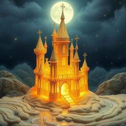 a magical castle crafted from delicate golden threads, glowing under a moonlit sky, surrounded by a serene and mystical landscape with softly flowing streams and starlit skies